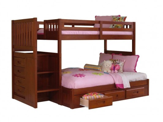 Discovery World Furniture Twin over Full Merlot Staircase Bunk Bed ...