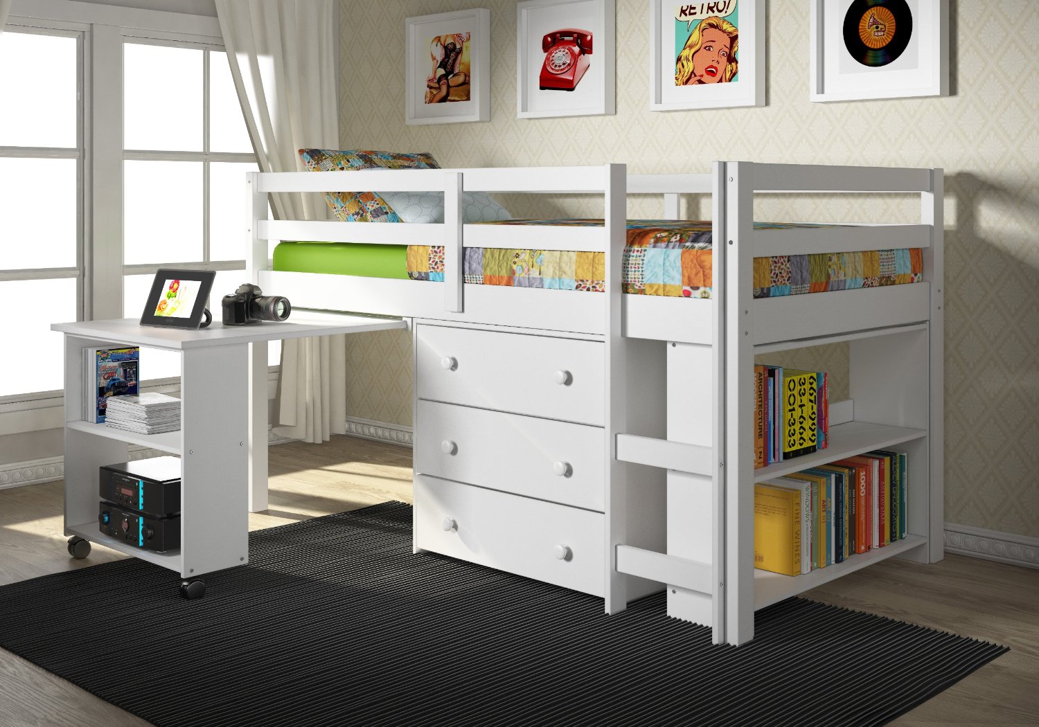 Donco Low White Loft Bed With Desk And, Wooden Loft Bunk Bed With Desk
