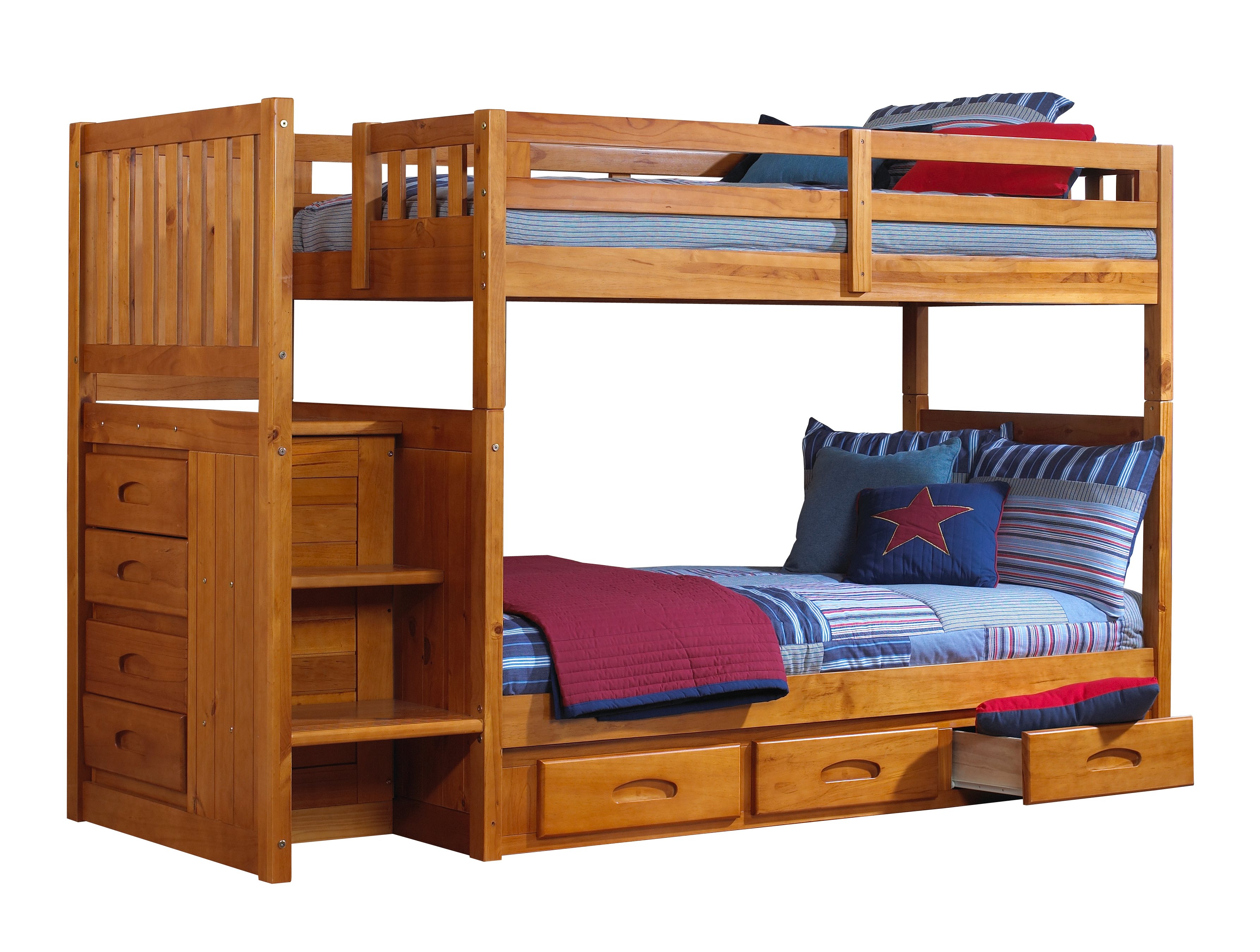 Twin Honey Mission Staircase Bunk Beds, Stairway Twin Bunk Bed Mattress Set Of 2