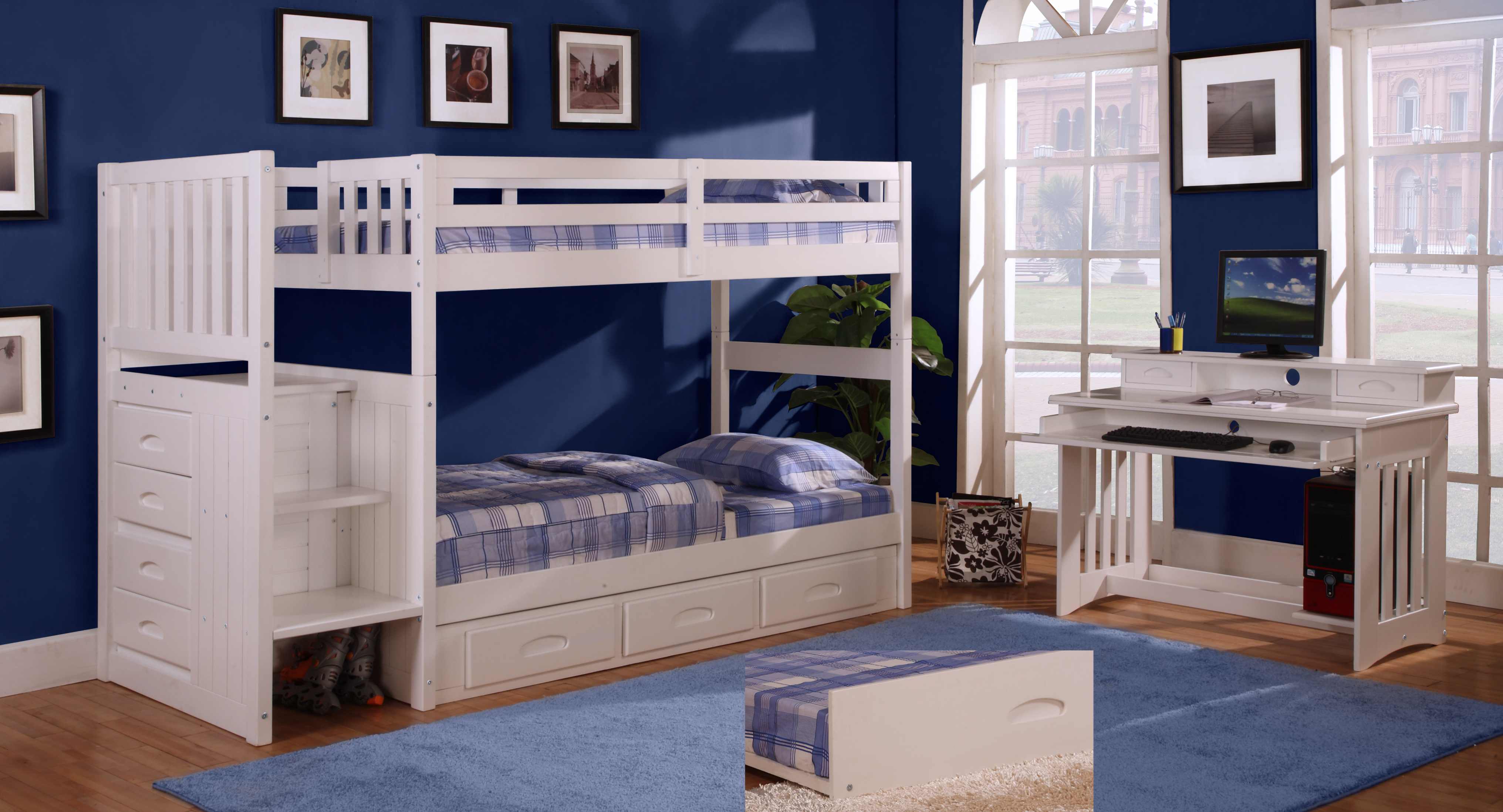 Twin White Staircase Bunk Bed, White Bunk Bed Bedroom Sets