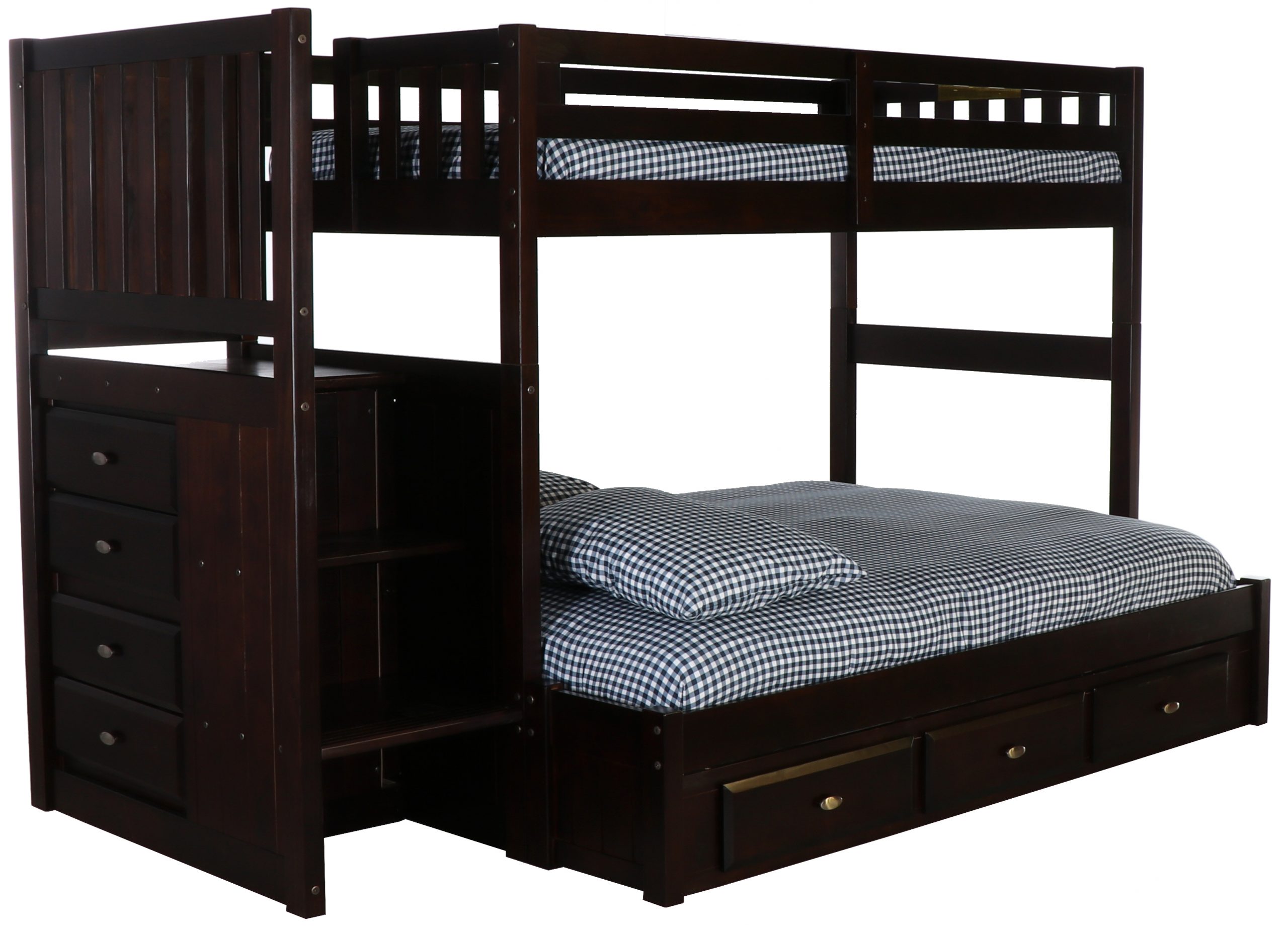 Full Espresso Staircase Bunk Beds, Wooden Bunk Beds Twin Over Full With Stairs